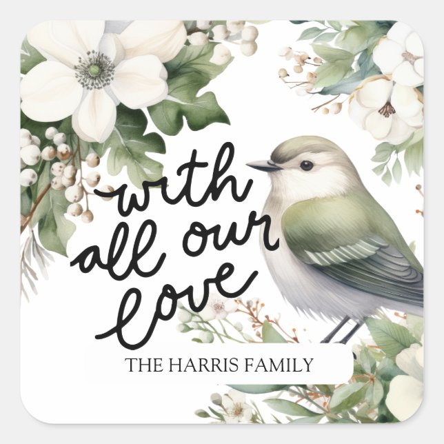 Weihnachts-Blume und Vogel - mit Liebe Quadratischer Aufkleber (Vorderseite)