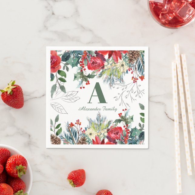 Weihnachts Blumenfamilie elegantes Grün mit Monogr Serviette (Beispiel)