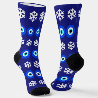 Weihnachts-böse Augen und Schneeflocken Blau Gemus Socken