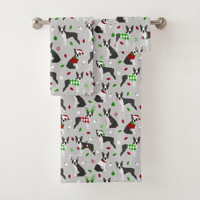 Weihnachts-Boston Terrier-Badehandtuch-Set Badhandtuch Set (Insitu)