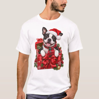 Weihnachts-Boston-Terrier sitzt in einer Geschenks T-Shirt