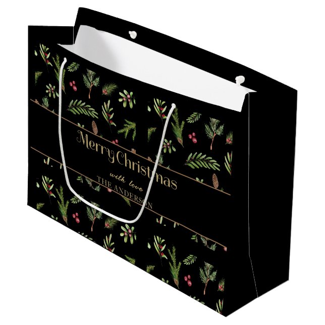 Weihnachts botanisch Schwarz elegante moderne Fami Große Geschenktüte (Vorderseite Schrägansicht)