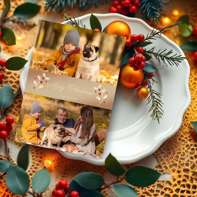 Weihnachts-Botanisches Holly-Themed-Foto (Christmas Botanical Holly Branches Themed 2 Photos Script Holidays Cards.)