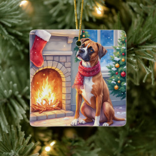 Weihnachts-Boxer-Kunst am festlichen Kamin Keramikornament