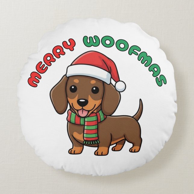 Weihnachts-Braun-Dackel: Fröhliche Woofmas Rundes Kissen (Vorderseite)