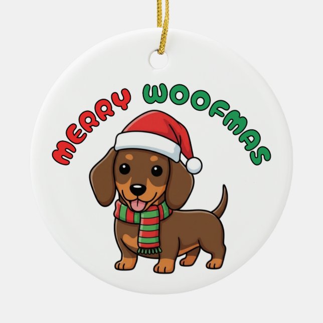 Weihnachts-Braun-Dackel-Ornament: Frohe Weihnachts Keramik Ornament (Vorne)