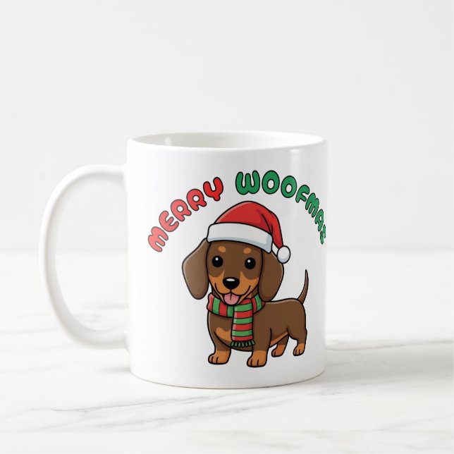Weihnachts-Braun-Dackel-Tasse: Fröhliche Woofmas Kaffeetasse (Links)
