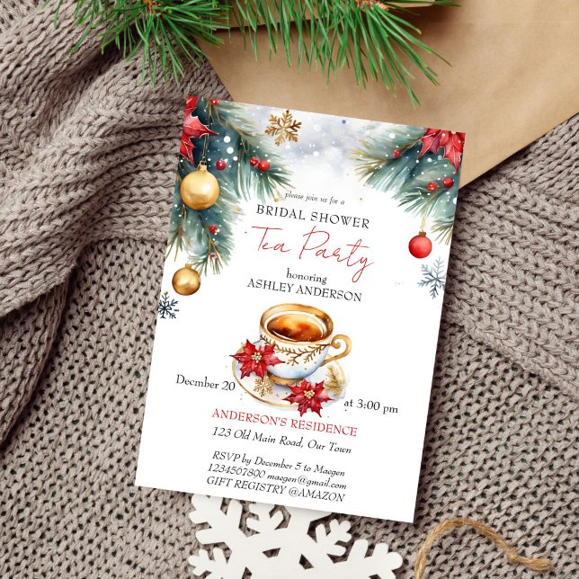 Weihnachts-Brautparty-Tee-Party-Vorlage Einladung (Christmas winter bridal shower tea party editable template invitation digital download watercolor)