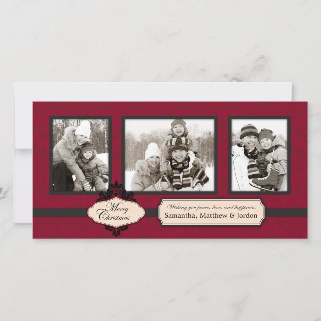 Weihnachts Brocade Red Foto Card Feiertagskarte (Vorderseite)