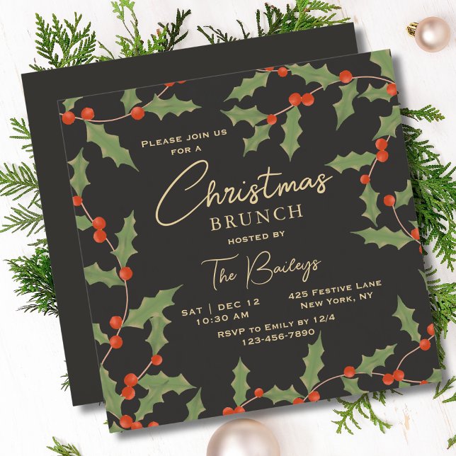 Weihnachts-Brunch Elegant Modernes Holly Floral Einladung (Von Creator hochgeladen)