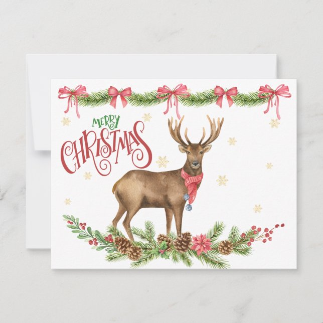 Weihnachts-Buck-Rentier mit Grüntönen Feiertagskarte (Vorderseite)