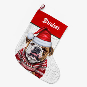 Weihnachts-Bulldog mit dem Namen Woof Background Großer Weihnachtsstrumpf