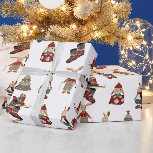 Weihnachts-Bunnies auf Weiß Geschenkpapier (Feiertage)