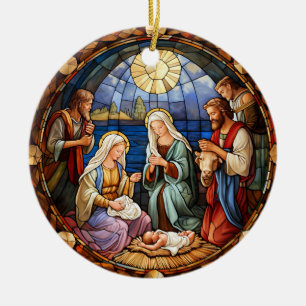 Weihnachts-Buntglas-Darstellung der Geburt Jesu Keramik Ornament