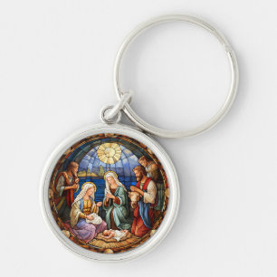 Weihnachts-Buntglas-Darstellung der Geburt Jesu Schlüsselanhänger