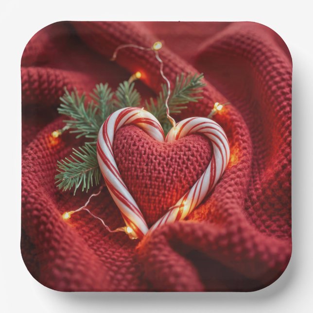 Weihnachts Candy Cane Herz mit Licht Pappteller (Vorderseite)