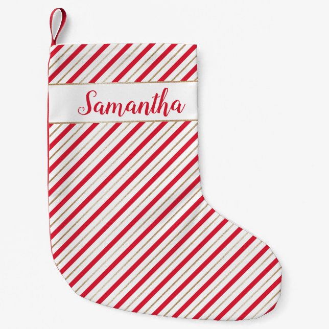 Weihnachts Candy Cane Red Imitats Gold Individuell Kleiner Weihnachtsstrumpf (Vorderseite)