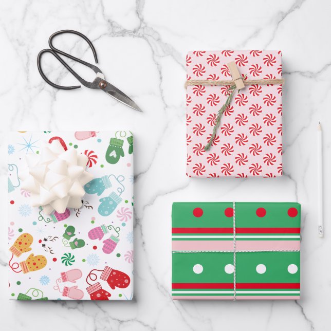 Weihnachts Candy Mittens Red Green Pink Muster Geschenkpapier Set (Vorderseite)