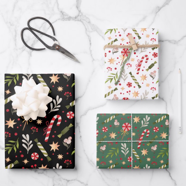 Weihnachts-Candy-Muster koordiniert Geschenkpapier Set (Vorderseite)