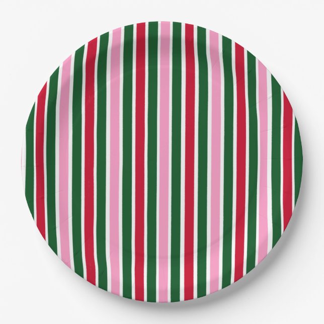 Weihnachts-Candy-Streifen in Rosa Grün und Rot Pappteller (Vorderseite)