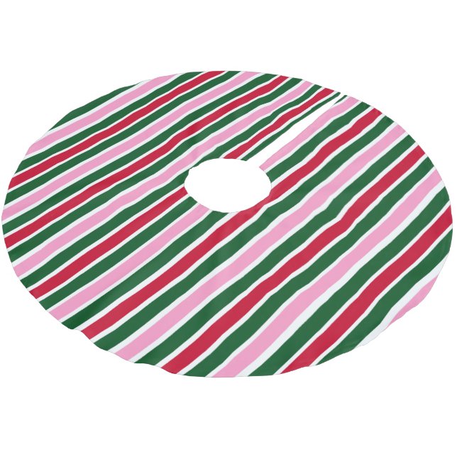 Weihnachts-Candy-Streifen in Rosa Grün und Rot Polyester Weihnachtsbaumdecke (Schrägansicht)