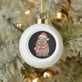 Weihnachts-Capybara-Santa-Hut-Schal-Lichter-Feiert Keramik Kugel-Ornament