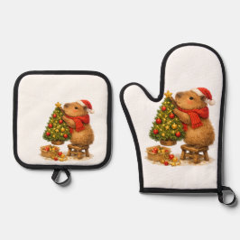 Weihnachts-Capybara schmückt Baum Ofenhandschuh & Topflappen-Set