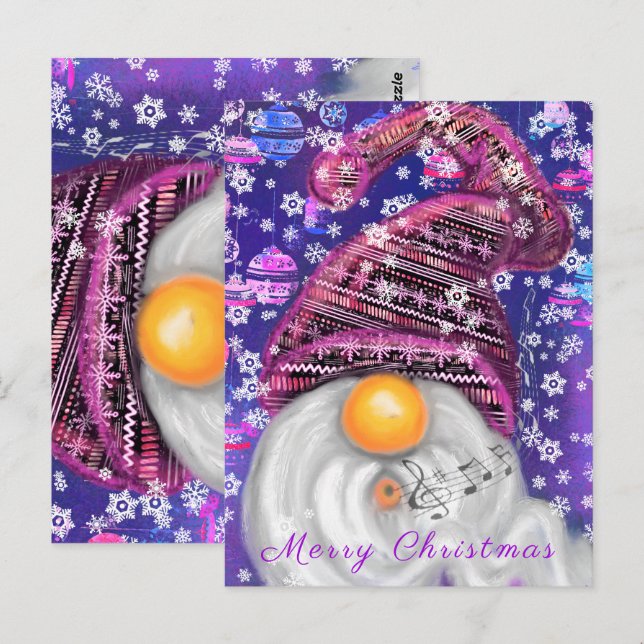 Weihnachts-Card-Happy Gnome in Lila Hat Sings Postkarte (Vorne/Hinten)