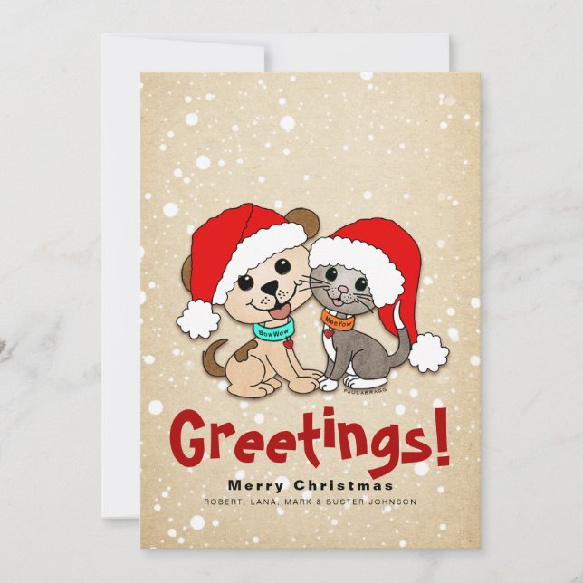 Weihnachts-Cartoon Cat Dog Feiertagskarte (Vorderseite)
