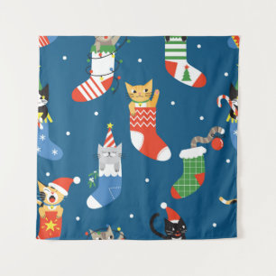 Weihnachts-Cartoon Cats Niedliches Muster Wandteppich