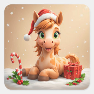 Weihnachts-Cartoon-Pferd mit Santa-Hut Quadratischer Aufkleber