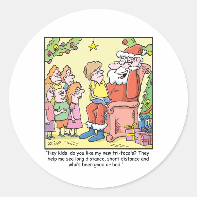 Weihnachts-Cartoon über Santas New Glasses Runder Aufkleber (Vorderseite)