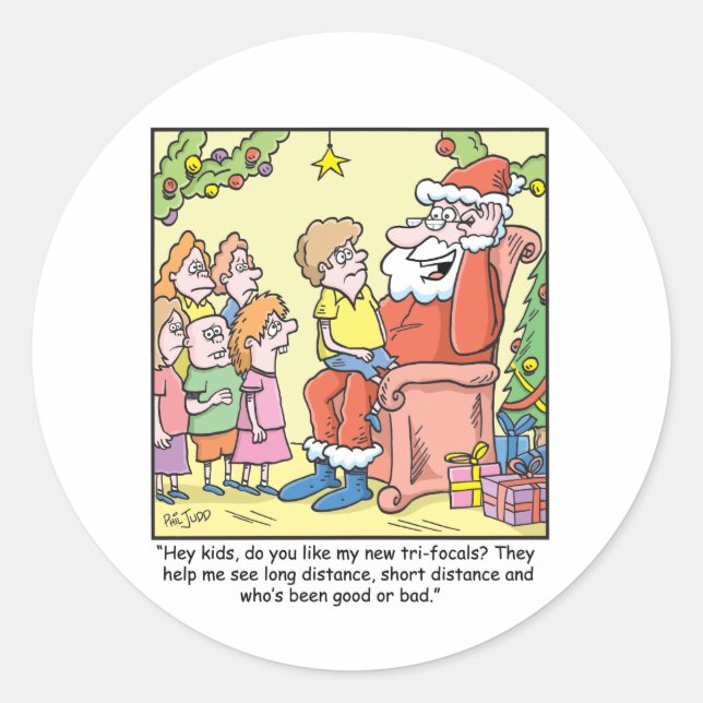 Weihnachts-Cartoon über Santas New Glasses Runder Aufkleber (Vorderseite)