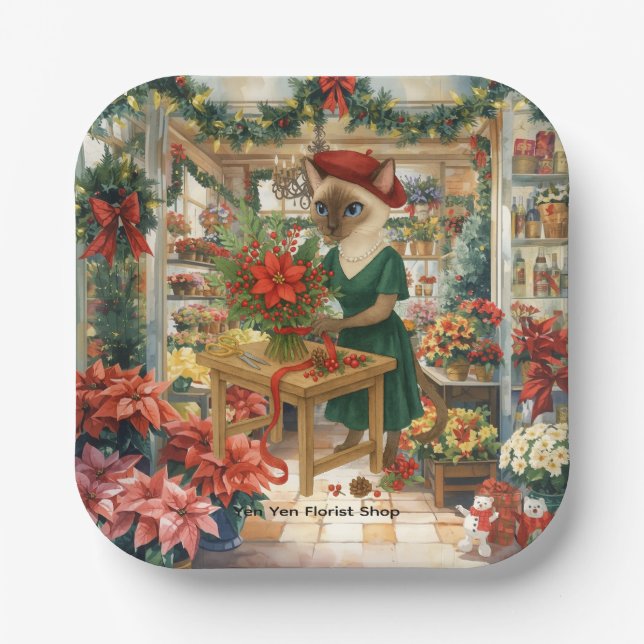 Weihnachts Cat Florist organisiert Blume Pappteller (Vorderseite)