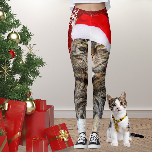 Weihnachts-Cat-Foto in Weihnachtsmannmütze Schneef Leggings (Christmas Cat Photo in Santa Hat Snowflake in Red Leggings)