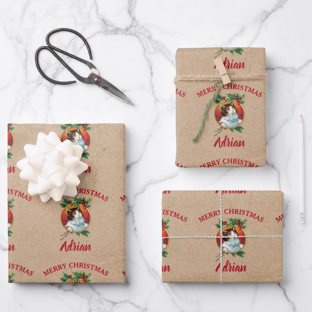 Weihnachts Cat Holiday Individuelle Name Kraft Geschenkpapier Set (Vorderseite)