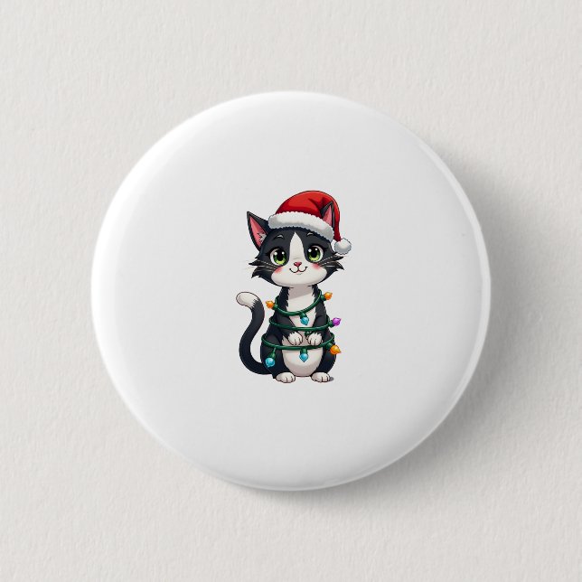 Weihnachts Cat Tuxedo Black Cat Weihnachtslichter  Button (Vorderseite)
