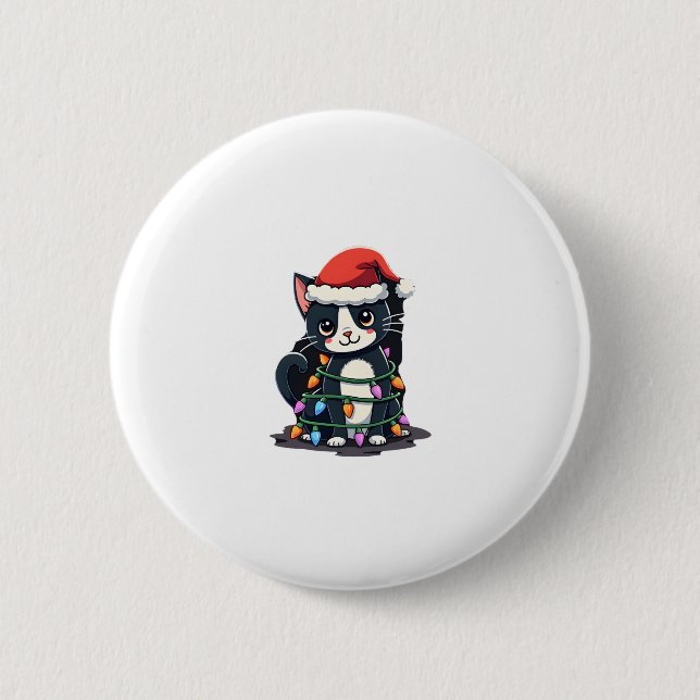 Weihnachts Cat Tuxedo Black Cat Weihnachtslichter  Button (Vorderseite)