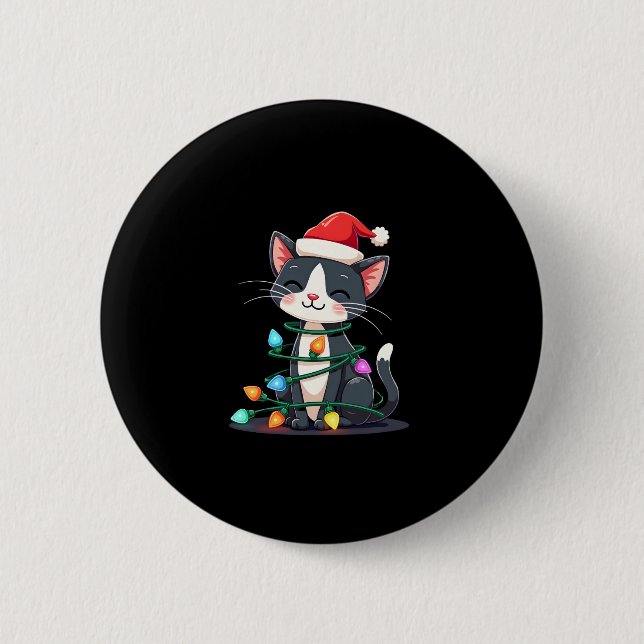 Weihnachts Cat Tuxedo Black Cat Weihnachtslichter  Button (Vorderseite)