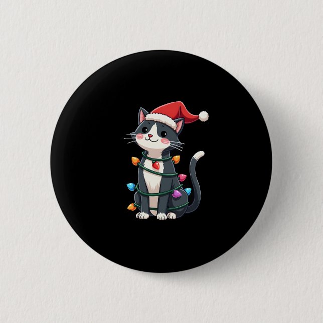 Weihnachts Cat Tuxedo Black Cat Weihnachtslichter  Button (Vorderseite)