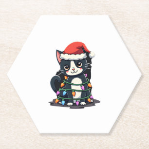 Weihnachts Cat Tuxedo Black Cat Weihnachtslichter Untersetzer