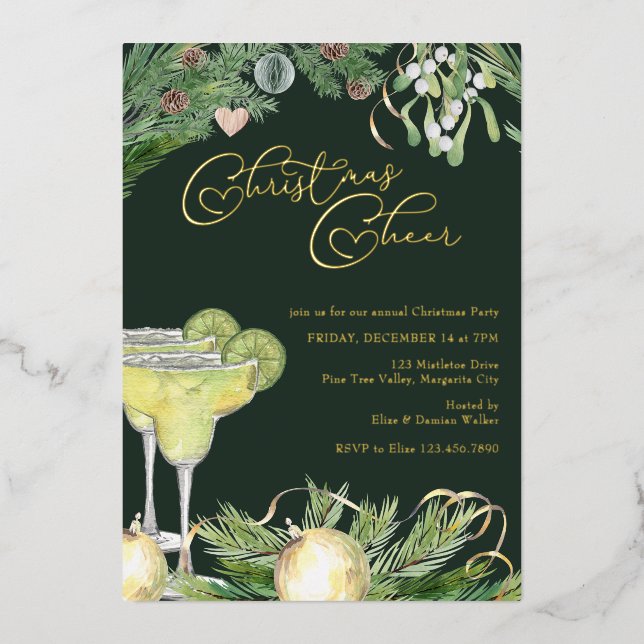 Weihnachts-Cheer Margarita und Mistletoe Party Gol Folieneinladung (Vorderseite)
