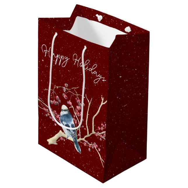 Weihnachts-Chickade mit Berries und Schneeflocken Mittlere Geschenktüte (Vorderseite Schrägansicht)