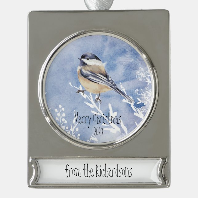 Weihnachts-Chickadee Bird Winter Custom Dating Banner-Ornament Silber (Vorderseite)