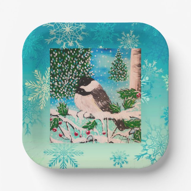Weihnachts-Chickadee Chatter Plate Pappteller (Vorderseite)