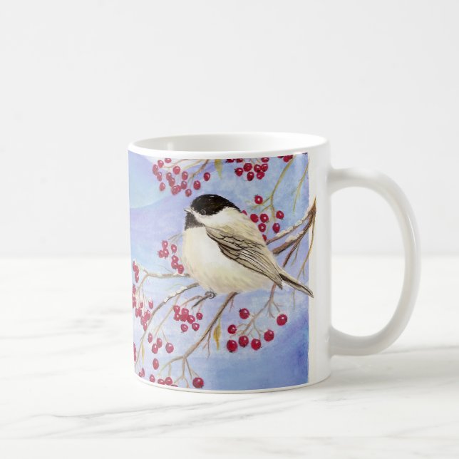 Weihnachts-Chickadee Niedlich Bird Red Berries Kaffeetasse (Rechts)