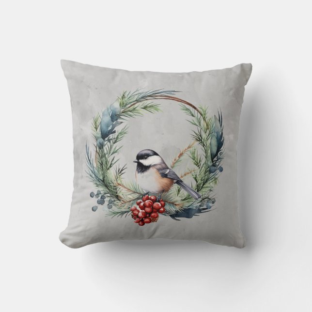 Weihnachts-Chickademie Bird in Wreath Art Kissen (Vorderseite)