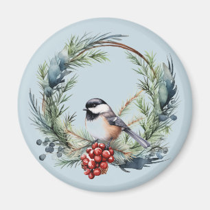 Weihnachts-Chickademie Bird in Wreath Art Magnet