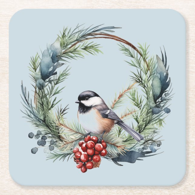 Weihnachts-Chickademie Bird in Wreath Art Rechteckiger Pappuntersetzer (Vorderseite)