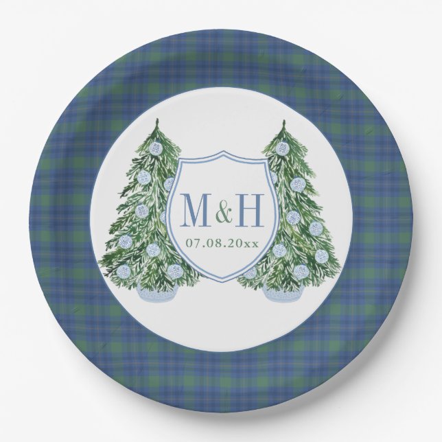 Weihnachts Chinoiserie Chic Monogram Polterabend Pappteller (Vorderseite)